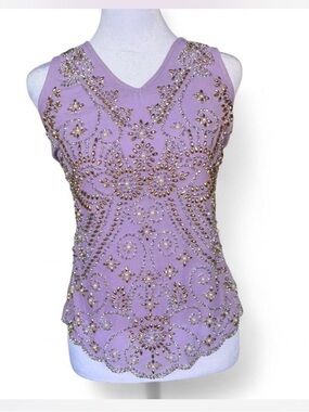 Boston Proper Lavender Gold-Beaded V-Neck Blouse